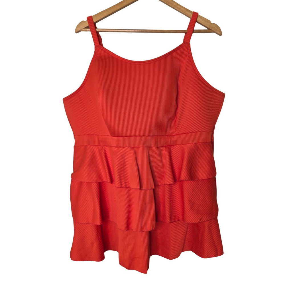Cacique Swim Top Womens 24 Orange Ruffle Ribbed Strappy Back Tankini 289320